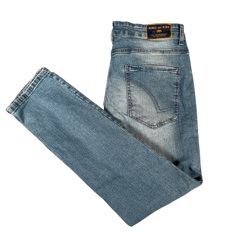 Jeans Size 34x30 Ring Of Fire Men's Slim Fit Distressed Blue Denim